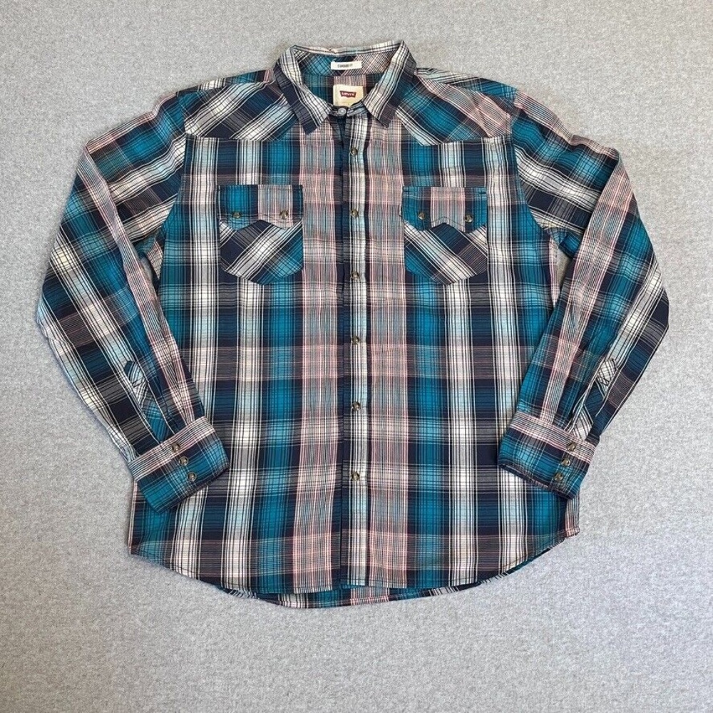 Levis Shirt Mens‎ Large Blue Plaid Long Sleeve Snap Western Cowboy Standard Fit